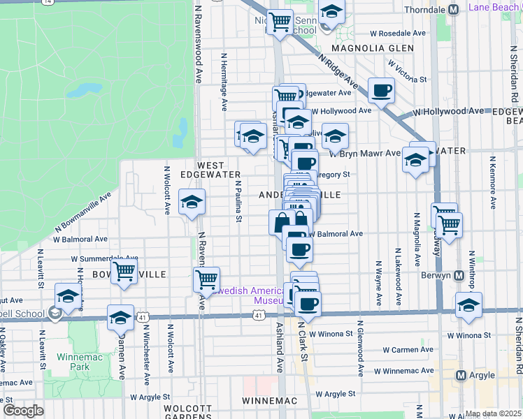 map of restaurants, bars, coffee shops, grocery stores, and more near 1617 West Rascher Avenue in Chicago
