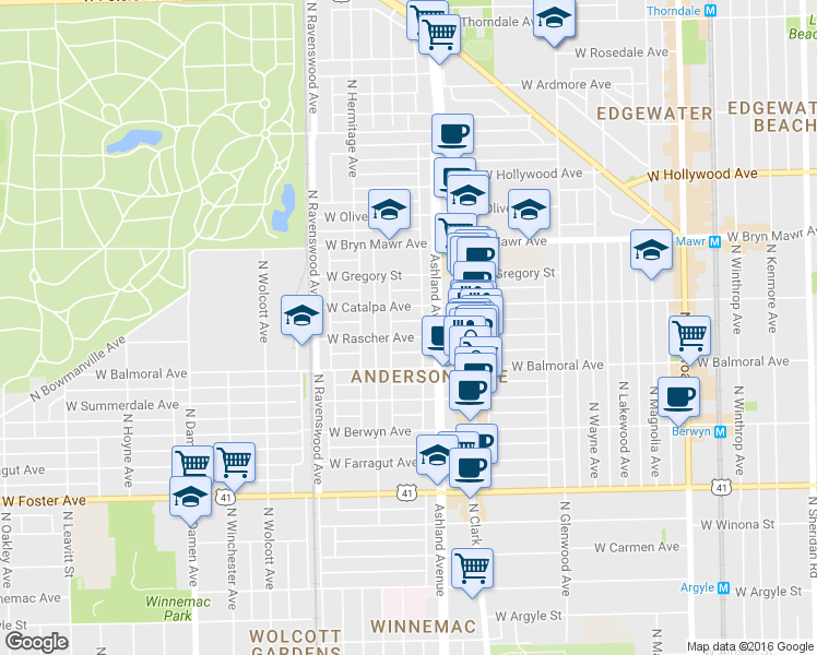 map of restaurants, bars, coffee shops, grocery stores, and more near 1617 West Rascher Avenue in Chicago