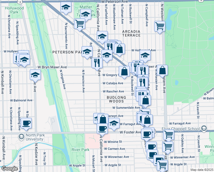 map of restaurants, bars, coffee shops, grocery stores, and more near 2720 West Rascher Avenue in Chicago