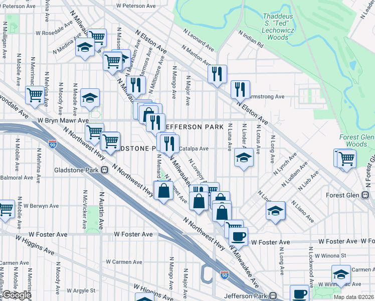 map of restaurants, bars, coffee shops, grocery stores, and more near 5450 North Lovejoy Avenue in Chicago