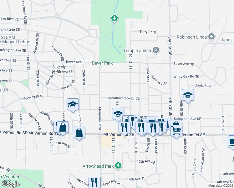 map of restaurants, bars, coffee shops, grocery stores, and more near 2757 Meadowbrook Dr SE in Cedar Rapids