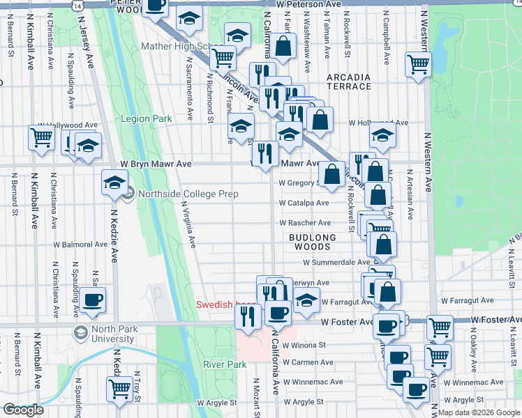 map of restaurants, bars, coffee shops, grocery stores, and more near 2834 West Rascher Avenue in Chicago