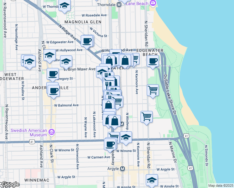 map of restaurants, bars, coffee shops, grocery stores, and more near 5437 North Broadway in Chicago