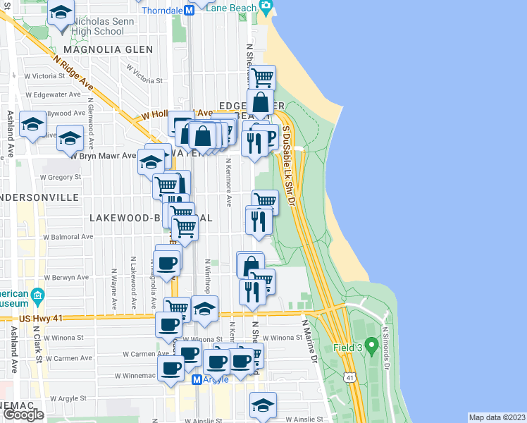 map of restaurants, bars, coffee shops, grocery stores, and more near 5419 North Sheridan Road in Chicago