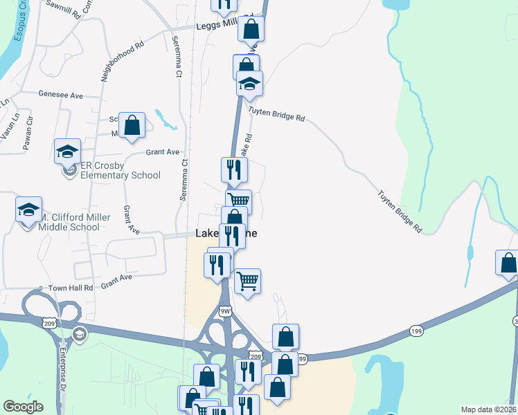 map of restaurants, bars, coffee shops, grocery stores, and more near 63 Carle Terrace in Lake Katrine