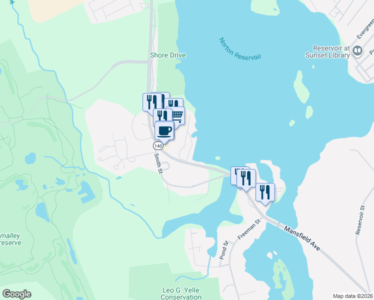 map of restaurants, bars, coffee shops, grocery stores, and more near 157 Mansfield Avenue in Norton