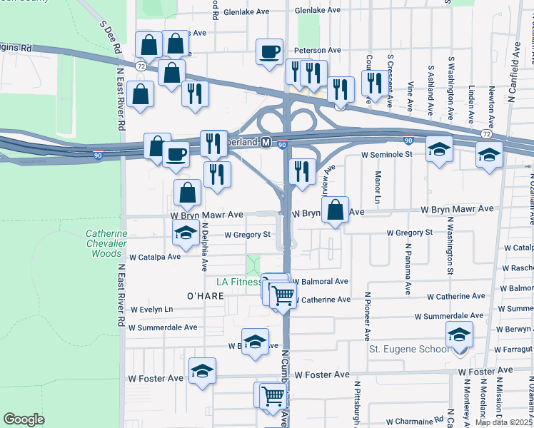 map of restaurants, bars, coffee shops, grocery stores, and more near 8430 West Bryn Mawr Avenue in Chicago