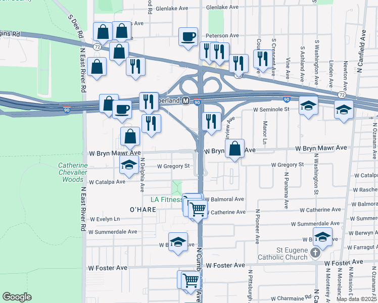 map of restaurants, bars, coffee shops, grocery stores, and more near 8420 West Bryn Mawr Avenue in Chicago