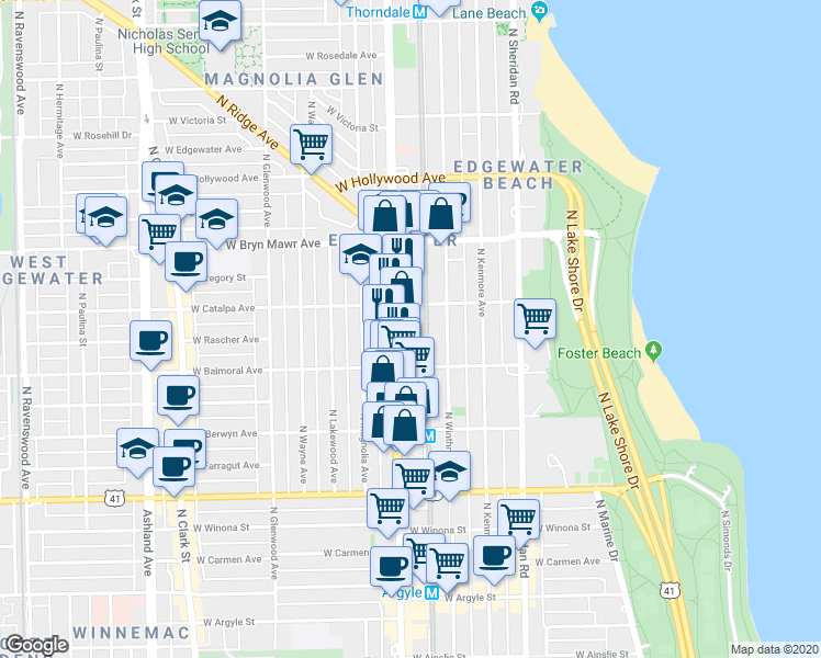 map of restaurants, bars, coffee shops, grocery stores, and more near 5414 North Broadway in Chicago
