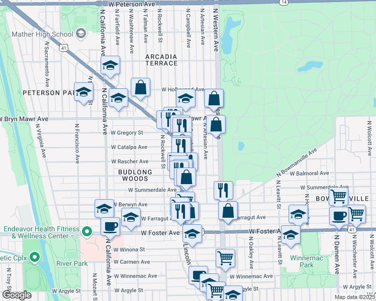 map of restaurants, bars, coffee shops, grocery stores, and more near 5433 North Campbell Avenue in Chicago