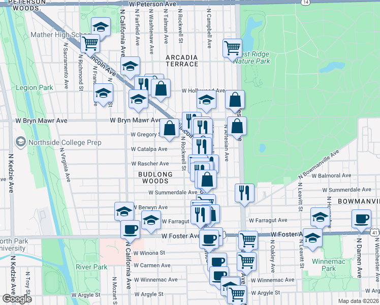 map of restaurants, bars, coffee shops, grocery stores, and more near 5434 North Lincoln Avenue in Chicago