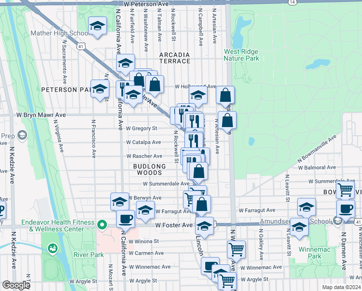 map of restaurants, bars, coffee shops, grocery stores, and more near 2600 West Rascher Avenue in Chicago