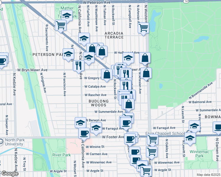 map of restaurants, bars, coffee shops, grocery stores, and more near 2600 West Rascher Avenue in Chicago