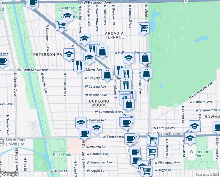 map of restaurants, bars, coffee shops, grocery stores, and more near 2600 West Rascher Avenue in Chicago