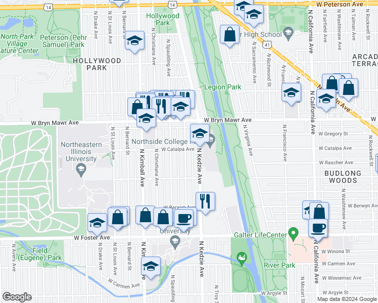 map of restaurants, bars, coffee shops, grocery stores, and more near 5437 North Sawyer Avenue in Chicago