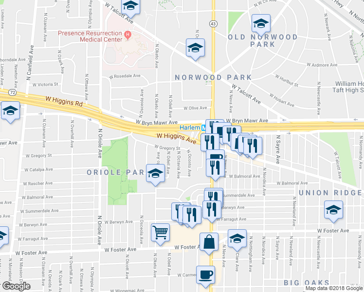 map of restaurants, bars, coffee shops, grocery stores, and more near 5501 North Octavia Avenue in Chicago