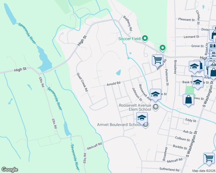 map of restaurants, bars, coffee shops, grocery stores, and more near 21 Westside Avenue in North Attleborough