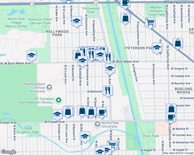 map of restaurants, bars, coffee shops, grocery stores, and more near 5459 North Spaulding Avenue in Chicago