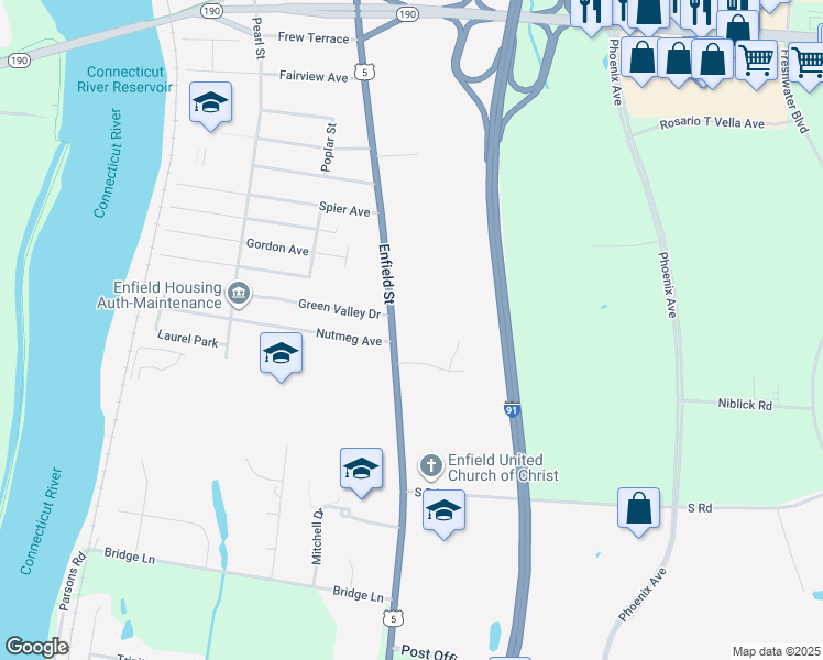map of restaurants, bars, coffee shops, grocery stores, and more near 1239 Enfield Street in Enfield