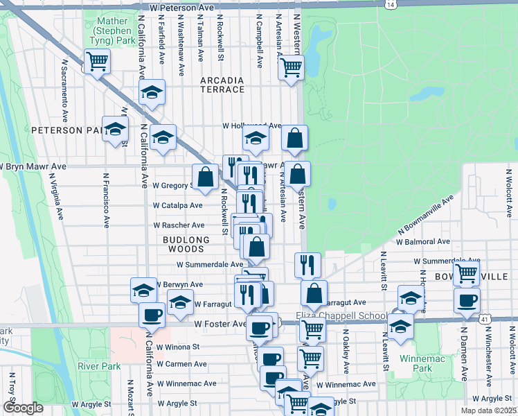 map of restaurants, bars, coffee shops, grocery stores, and more near 2507 West Catalpa Avenue in Chicago