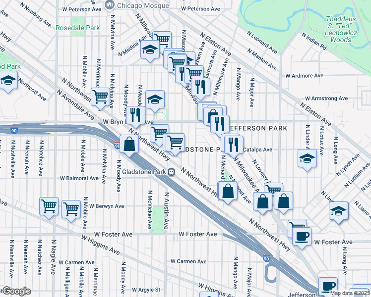 map of restaurants, bars, coffee shops, grocery stores, and more near 5472 North Northwest Highway in Chicago