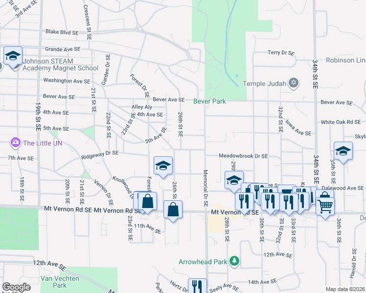 map of restaurants, bars, coffee shops, grocery stores, and more near 612 26th Street Southeast in Cedar Rapids