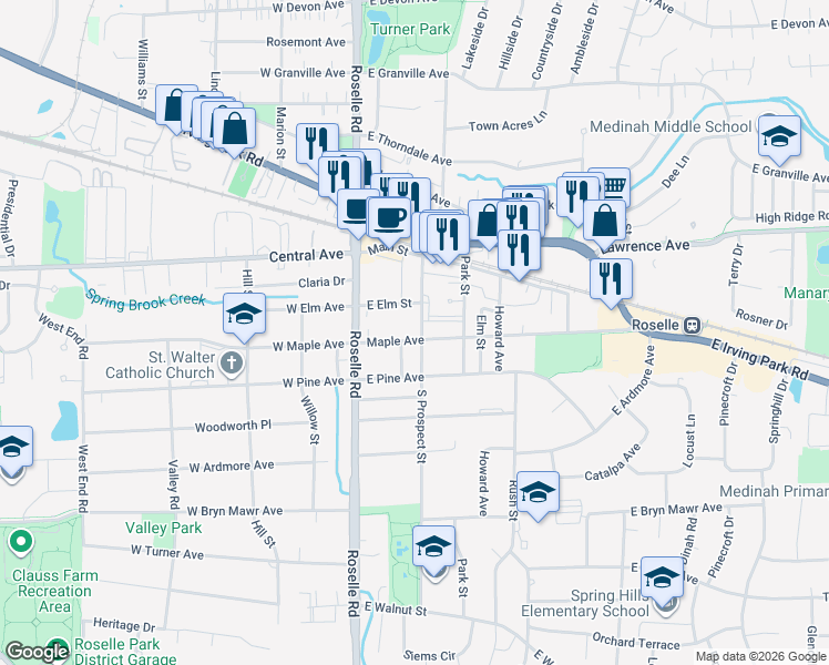 map of restaurants, bars, coffee shops, grocery stores, and more near 33 East Maple Avenue in Roselle