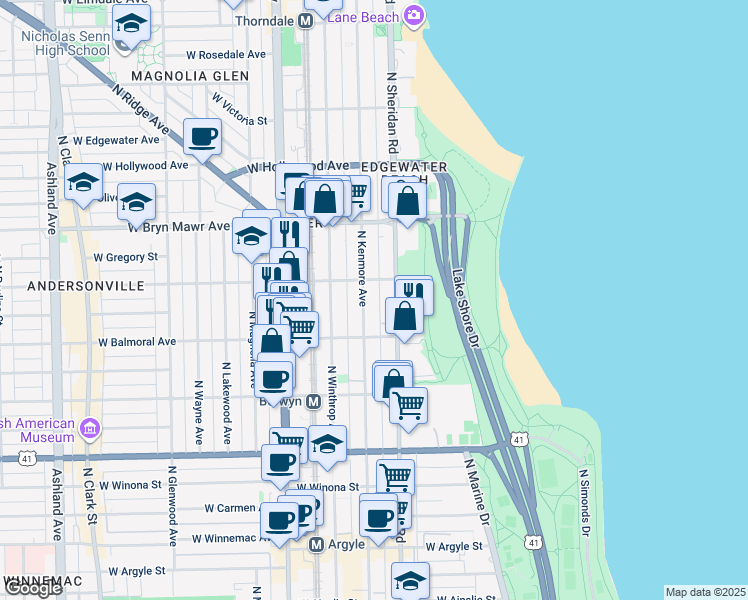 map of restaurants, bars, coffee shops, grocery stores, and more near 5439 North Kenmore Avenue in Chicago