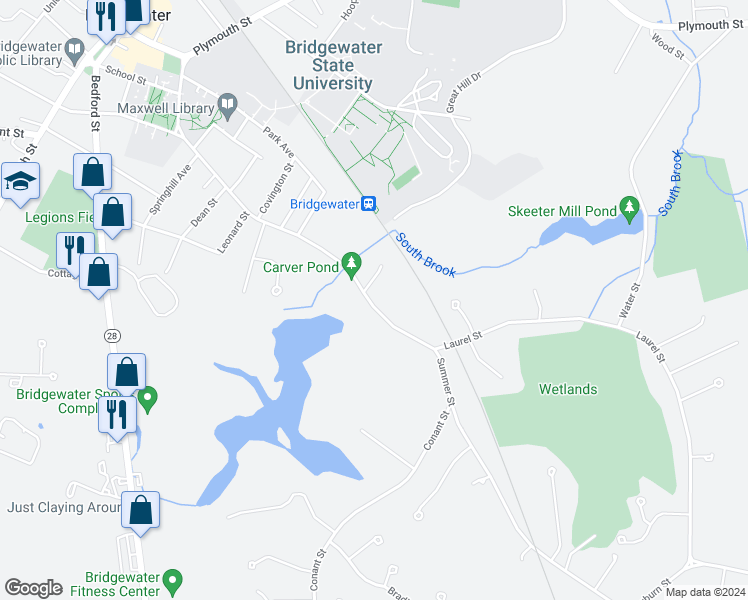 map of restaurants, bars, coffee shops, grocery stores, and more near 450 Summer Street in Bridgewater