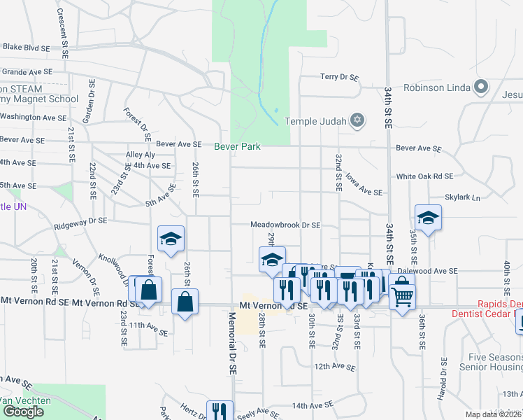 map of restaurants, bars, coffee shops, grocery stores, and more near 2757 Meadowbrook Dr SE in Cedar Rapids