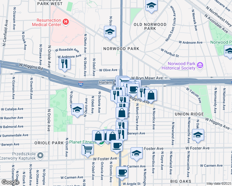 map of restaurants, bars, coffee shops, grocery stores, and more near 7200 West Higgins Avenue in Chicago