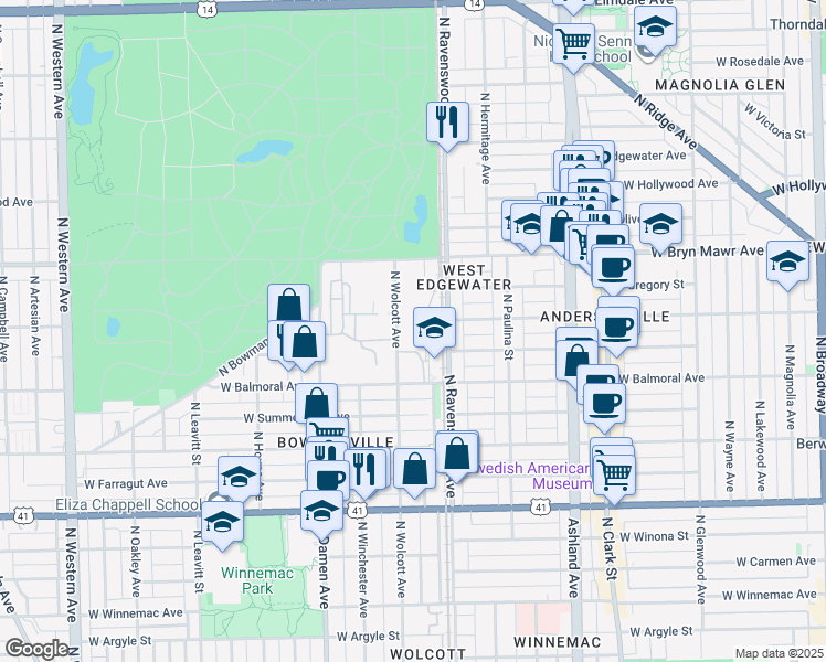 map of restaurants, bars, coffee shops, grocery stores, and more near 5505 North Wolcott Avenue in Chicago