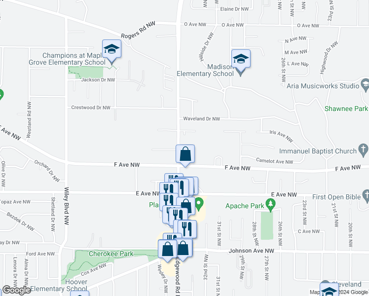 map of restaurants, bars, coffee shops, grocery stores, and more near 3313 H Avenue Northwest in Cedar Rapids