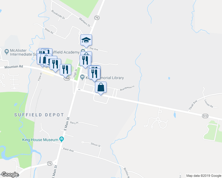map of restaurants, bars, coffee shops, grocery stores, and more near 29 Brandywine Lane in Suffield