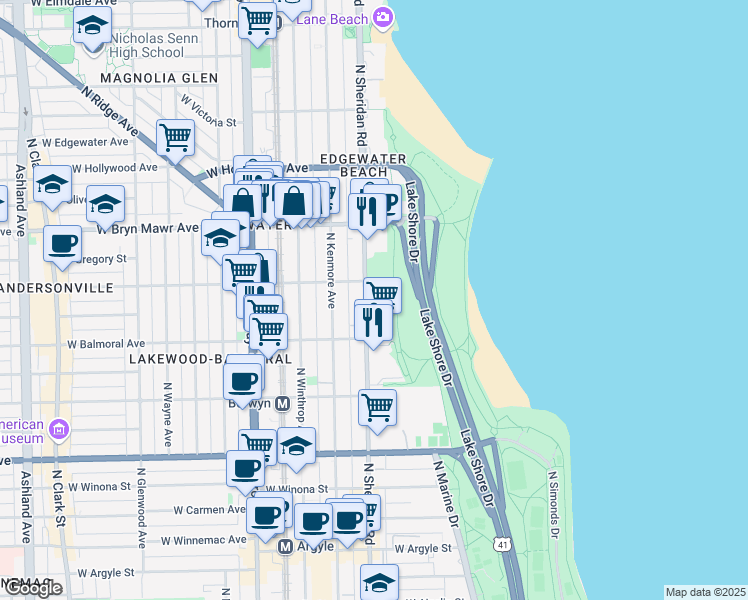 map of restaurants, bars, coffee shops, grocery stores, and more near 5500 North Sheridan Road in Chicago