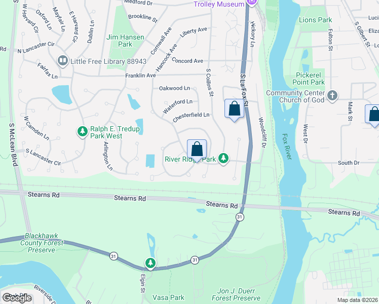 map of restaurants, bars, coffee shops, grocery stores, and more near 7 Warwick Court in South Elgin