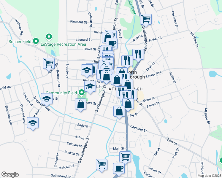 map of restaurants, bars, coffee shops, grocery stores, and more near None in North Attleborough