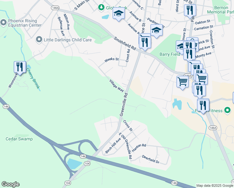 map of restaurants, bars, coffee shops, grocery stores, and more near 2 Village Way in North Smithfield