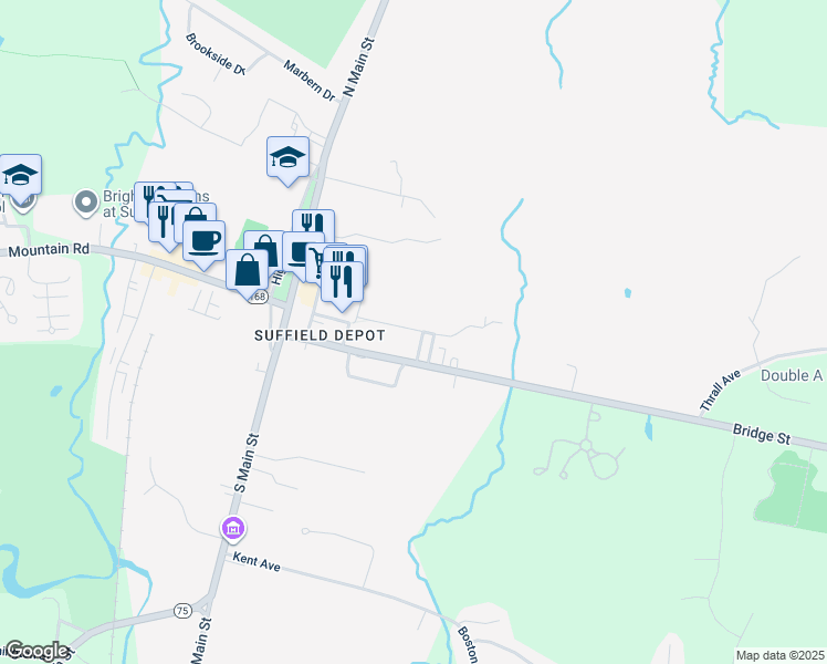 map of restaurants, bars, coffee shops, grocery stores, and more near 22 Brandywine Lane in Suffield