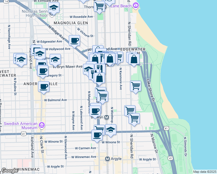 map of restaurants, bars, coffee shops, grocery stores, and more near 5500 North Winthrop Avenue in Chicago
