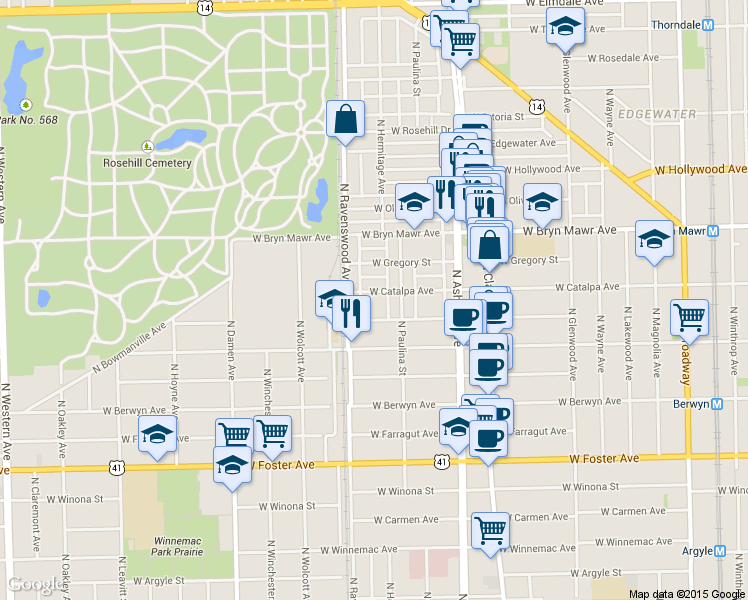 map of restaurants, bars, coffee shops, grocery stores, and more near 1728 West Catalpa Avenue in Chicago