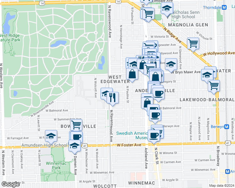map of restaurants, bars, coffee shops, grocery stores, and more near 1728 West Catalpa Avenue in Chicago
