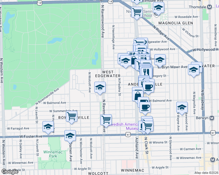 map of restaurants, bars, coffee shops, grocery stores, and more near 1734 West Catalpa Avenue in Chicago