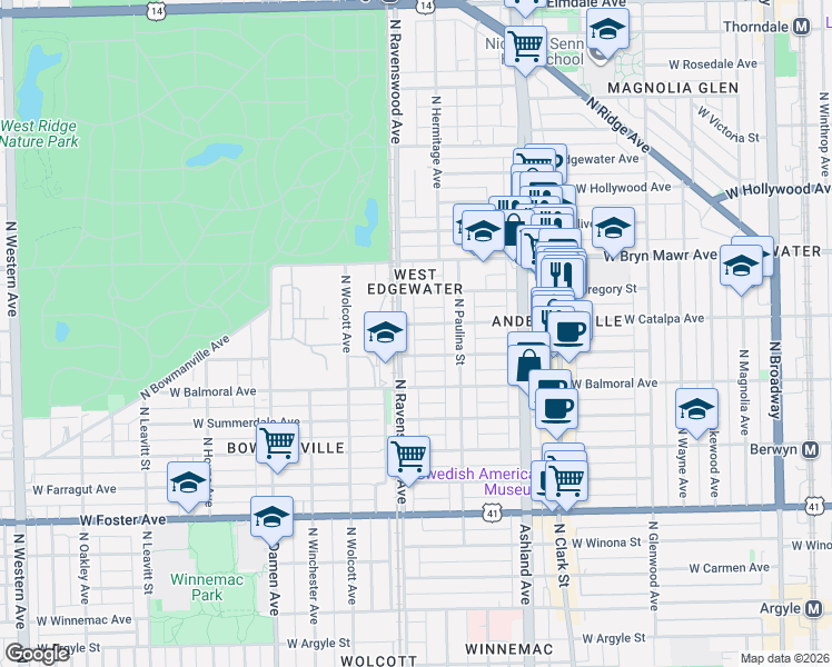map of restaurants, bars, coffee shops, grocery stores, and more near 1728 West Catalpa Avenue in Chicago