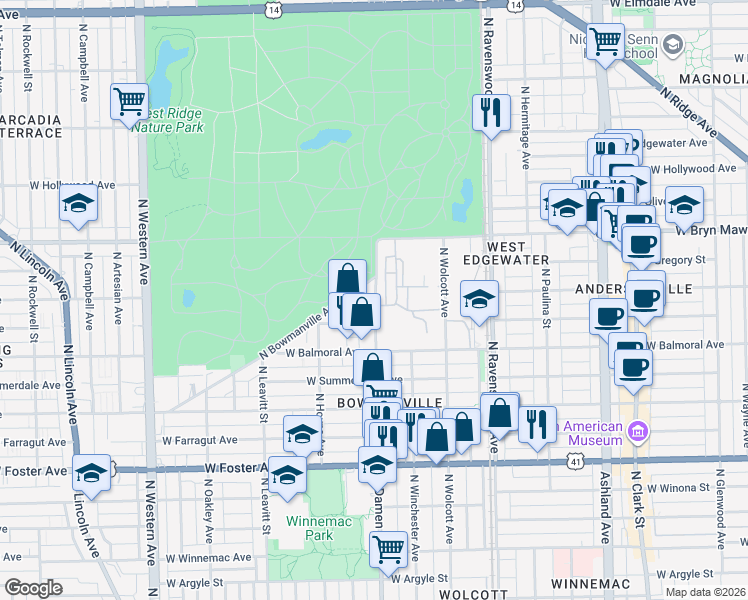 map of restaurants, bars, coffee shops, grocery stores, and more near 5441-5533 North Damen Avenue in Chicago