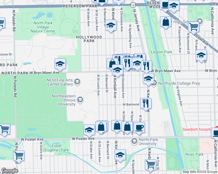 map of restaurants, bars, coffee shops, grocery stores, and more near 5526 North Kimball Avenue in Chicago