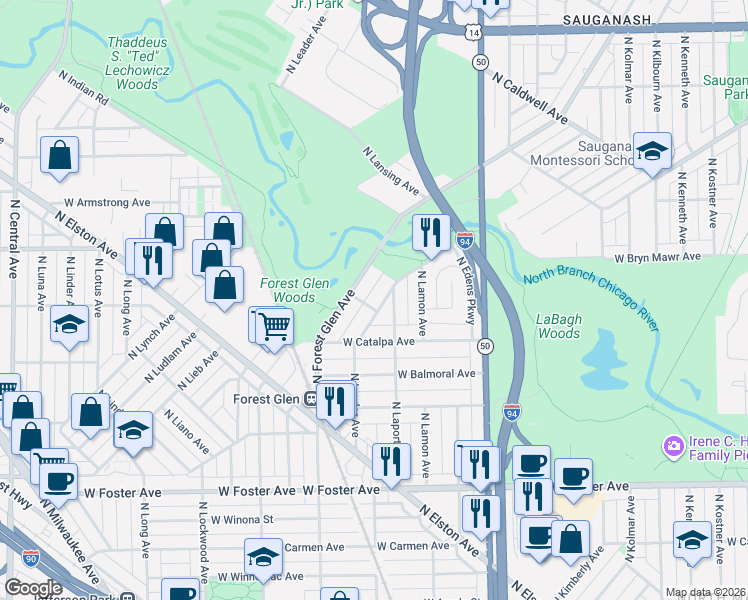 map of restaurants, bars, coffee shops, grocery stores, and more near 5525 North Forest Glen Avenue in Chicago