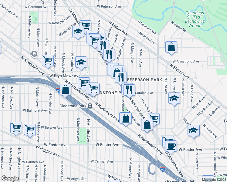 map of restaurants, bars, coffee shops, grocery stores, and more near 5522 North Milwaukee Avenue in Chicago