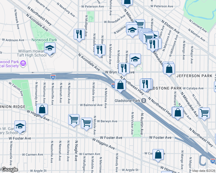 map of restaurants, bars, coffee shops, grocery stores, and more near 5515 North Melvina Avenue in Chicago