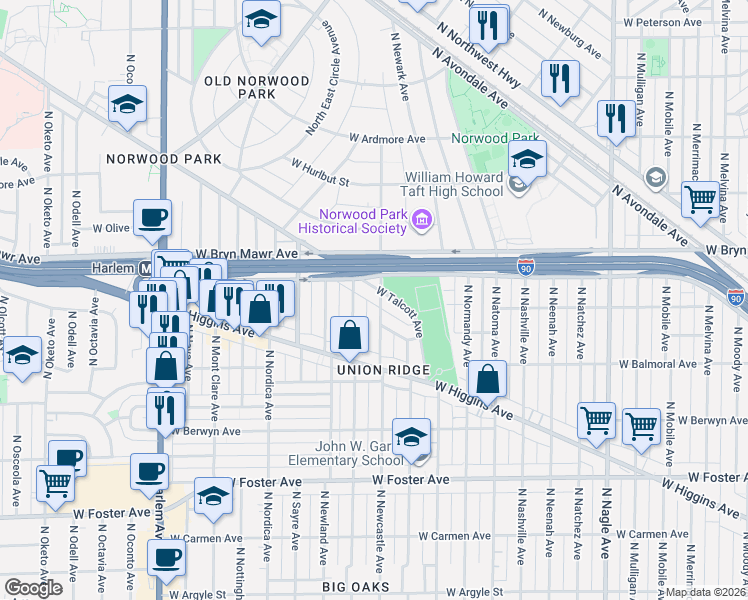 map of restaurants, bars, coffee shops, grocery stores, and more near 5468 North Newcastle Avenue in Chicago